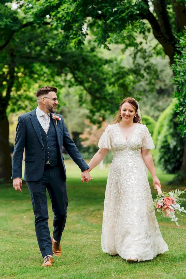 Annalie and Matt greeting guests on the lawn at The Norfolk Mead Hotel Norfolk