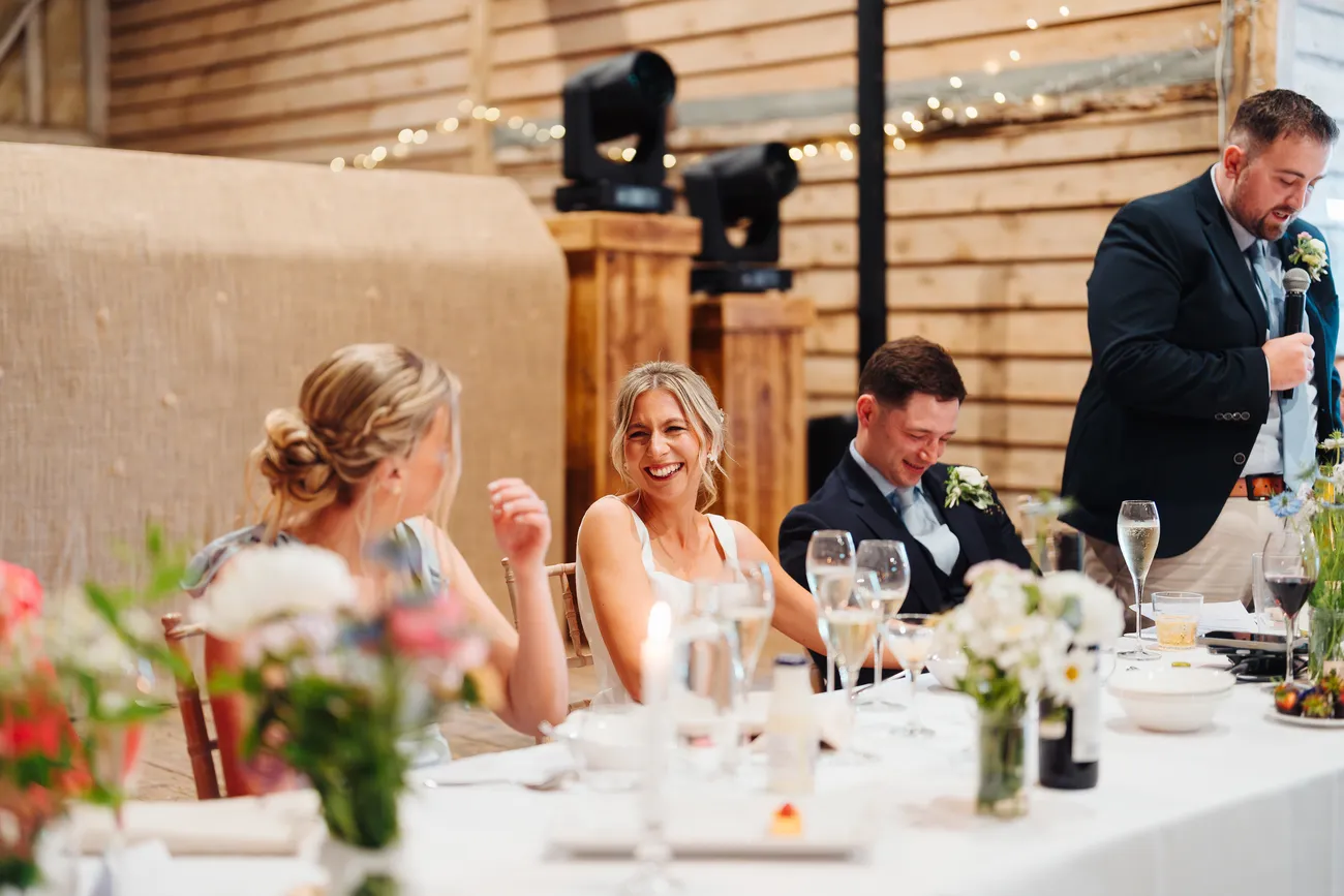 Heartfelt speech moment at Lucy and George's wedding at Preston Priory Barn